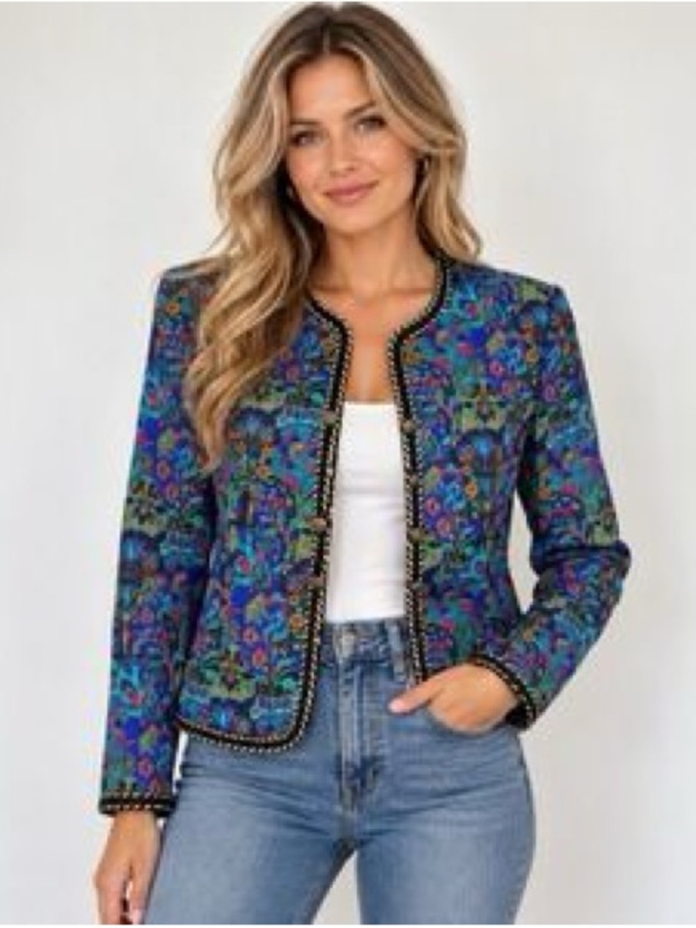 Adrianna Papell Floral Cropped Blazer in Blue and Green 100% silk
